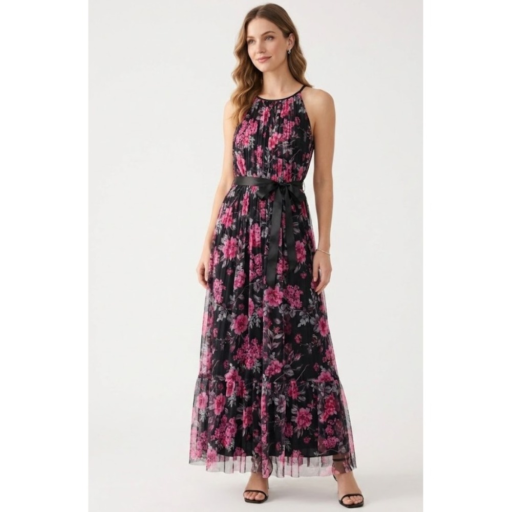 New Candalite Floral Mesh Maxi Dress Medium  Halter Neck Pleated Romantic